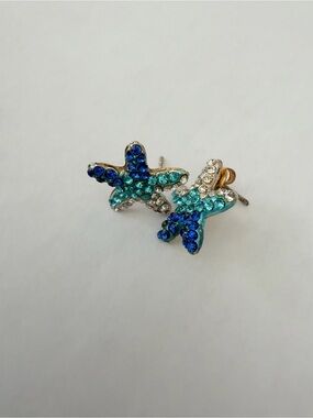 Crystal Starfish Stud Earrings - Blue & Teal Rhinestones